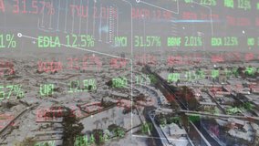 Animation of interface with stock market data processing over aerial view of snow covered cityscape. Global economy and business technology concept - Powered by Shutterstock - Get 15% off with code: PIKWIZARD15