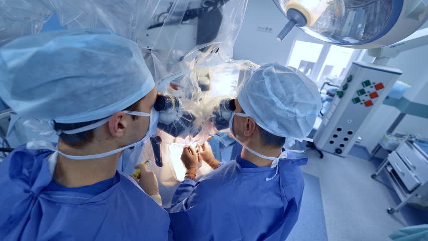 Neurosurgical team carrying out the surgery in modern hospital. Main surgeon looks at operated area through the advanced microscope. Top view.
