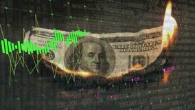 Animation of financial data processing and statistics over burning american dollar banknote. Global business, finance, data processing and connections concept digitally generated video.