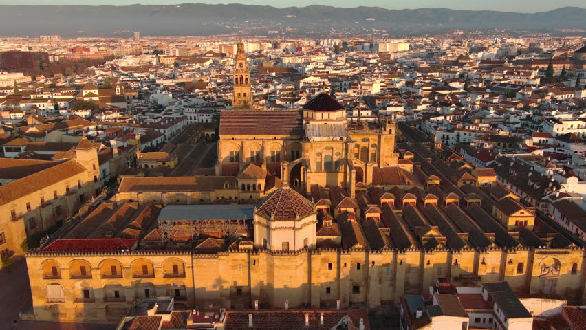Aerial view of Mosque–Cathedral of Cordoba, a cathedral of the Roman Catholic Diocese of Córdoba dedicated to the Assumption of Mary and located in the Spanish region of Andalusia, Spain