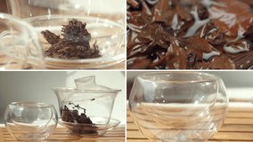 Collage of different types of dried tea leaves. Collage Tea, close up