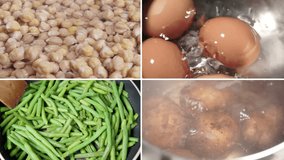 Potatoes, chickpeas, eggs, beans. Different food. A variety of dishes. Food collage.