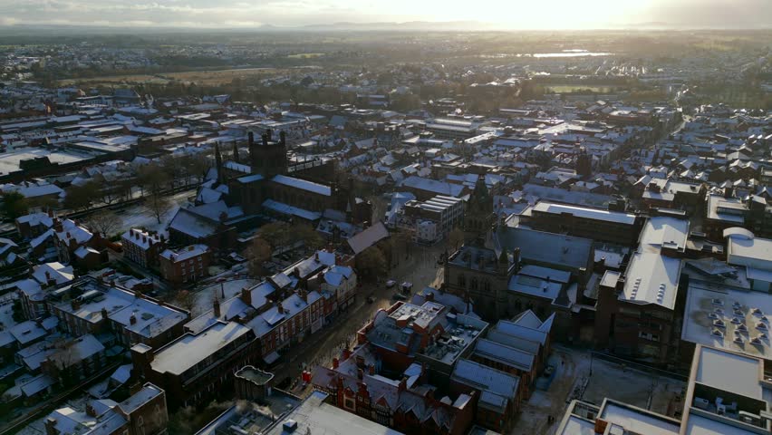 Drone Aerial Of Chester City In Winter Snow, Cheshire, England | Shutterstock HD Video #1099965455