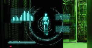 Animation of data processing and skeleton walking over server room. Global business, security and digital interface concept digitally generated video.