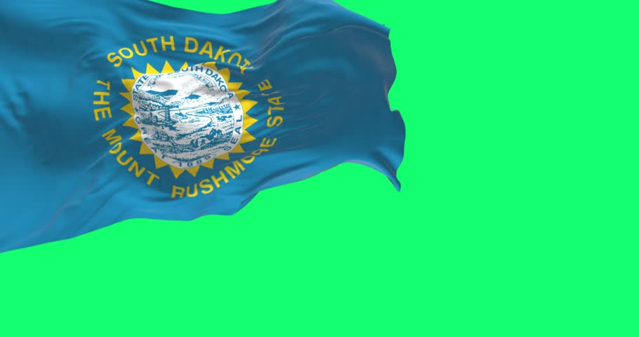 South Dakota flag waving isolated on a green background. Federated American state located in the high plains of the Midwest. 3D render animation. Green screen matte. Chroma key. Slow motion loop