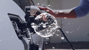 Animation of data processing and globe over caucasian woman fueling car. Global ecology, car and digital interface concept digitally generated video.