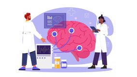 Neurology and study of human brain concept. Moving man and woman doctors or scientists conduct research on brain and neural connections. Diagnosis of mental diseases. Flat graphic animated cartoon
