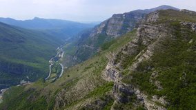 Aerial video. The Cijevna river canyon on a way to the Grlo Sokolovo, a famous canyon at the Montenegro-Albania border. Travel to Montenegro concept