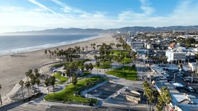 Drone flyover Venice beach in Los Angeles, CA on a clear sunny day. February 7,2023