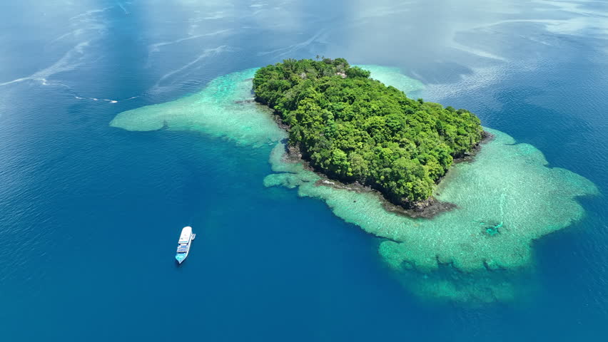 An idyllic, remote island is surrounded by coral reef in the Solomon Islands. This beautiful, tropical country is home to spectacular marine biodiversity and many historic World War II sites. Royalty-Free Stock Footage #1099971039
