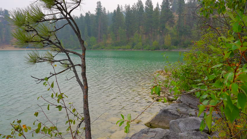 Establishing shot of lake with white clouds in Vancouver, Canada, North America. Day time on July 2022. Still camera view. ProRes 422 HQ.
