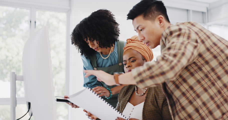 Business people, black woman and collaboration with documents, folder with team communication and advice with tablet. Technology, paperwork and teamwork with diversity in corporate office and pc.