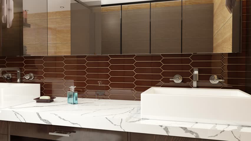 modern bathroom interior design of long arrow backsplash tiles in horizontal pattern, white rectangular basin sink and chrome faucet over quartz counter top. 3d visualization of bathroom design Royalty-Free Stock Footage #1099974577