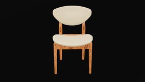 3D stylish wooden chair rotating on black screen for chroma key. Fabric chair with wooden legs rotating on black background. 3D modern wooden chair seamless loop animation. 4K 3D animation