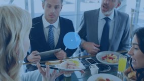 Animation of network of digital icons against diverse businesspeople discussing while having lunch. Global networking and business technology concept - Powered by Shutterstock - Get 15% off with code: PIKWIZARD15