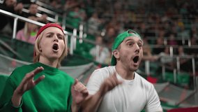 Unhappy fan cheer sport stadium. Upset emotion people fail football bet. Surprised shocked person loss. Amazed girl hop up stands arena. Sad man got bad news. Excited guy open mouth. Person disappoint - Powered by Shutterstock - Get 15% off with code: PIKWIZARD15