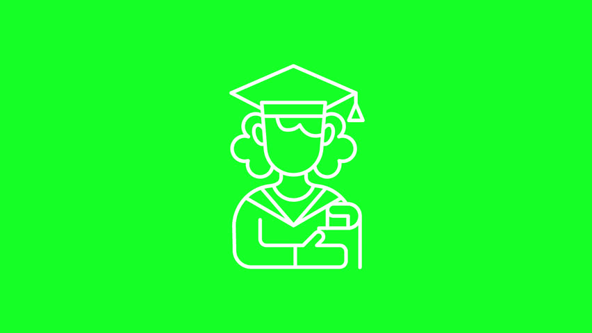 Animated graduate white line icon. University graduate. Loop HD video with chroma key, alpha channel on transparent background, black solid background. Outline motion graphic animation