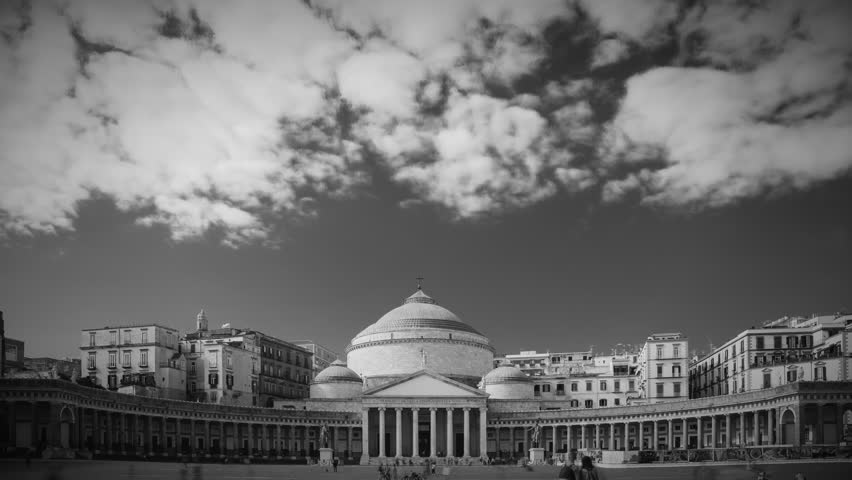 Naples, Italy. Famous Royal Basilica Of San Francesco Di Paola In The Piazza Del Plebiscito. Black And White Video. Travel Destination Landmark.