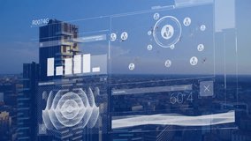 Animation of interface with data processing against aerial view of cityscape. Computer interface and business technology concept - Powered by Shutterstock - Get 15% off with code: PIKWIZARD15