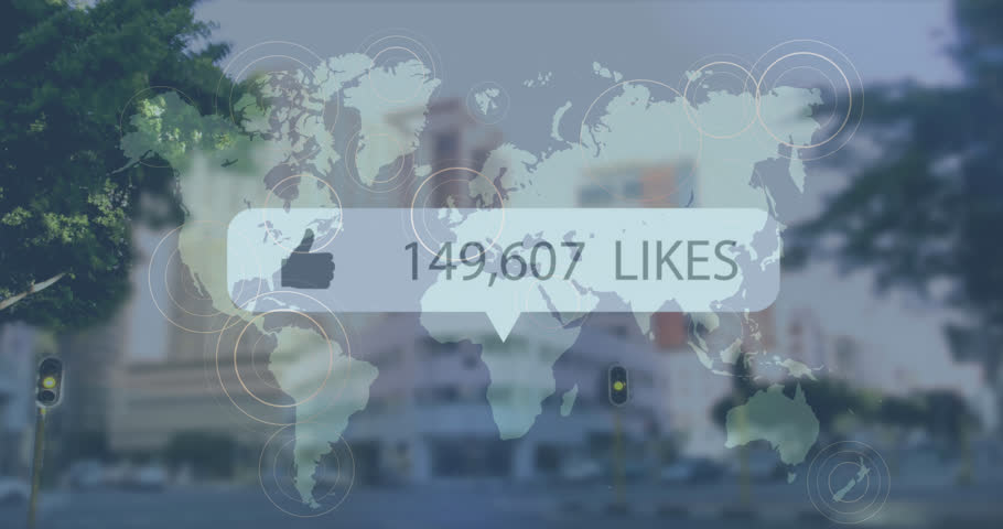 Animation of like icon with increasing numbers over world map against time-lapse of city traffic. Social media networking and business technology concept | Shutterstock HD Video #1099986743