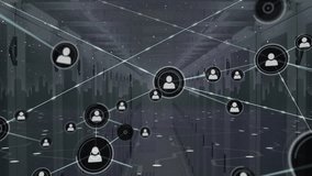 Animation of connected icons, glowing circles moving on lines, digital cityscape over server room. Digital composite, multiple exposure, communication, buildings, technology, network server concept. - Powered by Shutterstock - Get 15% off with code: PIKWIZARD15