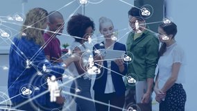 Animation of connected icons over diverse coworkers sharing ideas over technology in office. Digital composite, multiple exposure, communication, teamwork, cloud computing and office concept. - Powered by Shutterstock - Get 15% off with code: PIKWIZARD15