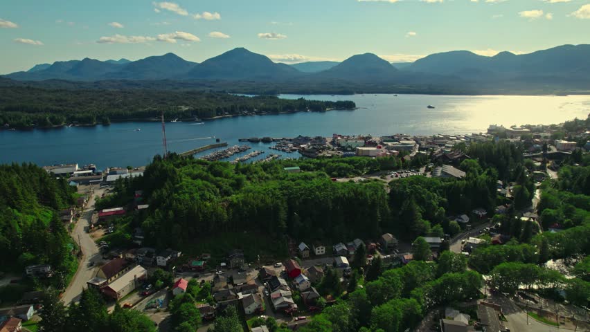 An aerial view of natural landscape scenery on a sunny day in Ketchican, Alaska