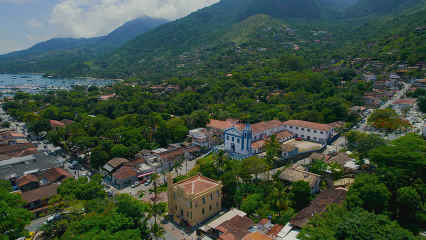 City center. Aerial footage of Ilha Bela, Sao Paulo	
