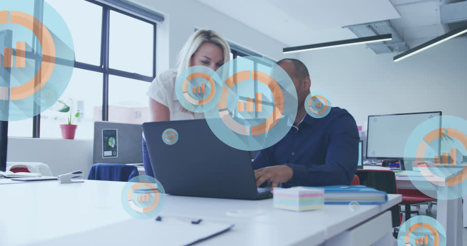 Animation of icons and data processing over diverse business people. Global business, finances, computing and data processing concept digitally generated video. | Shutterstock HD Video #1100001253