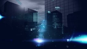 Animation of data processing and light spots against aerial view of tall buildings. Computer interface and business technology concept - Powered by Shutterstock - Get 15% off with code: PIKWIZARD15