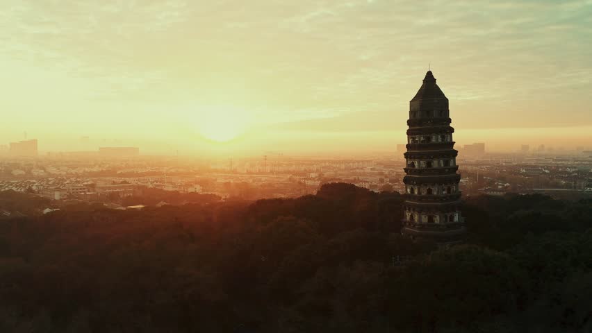 Aerial view of Tiger Hill Pagoda (Huqiu) in city of Suzhou in Jiangsu, China