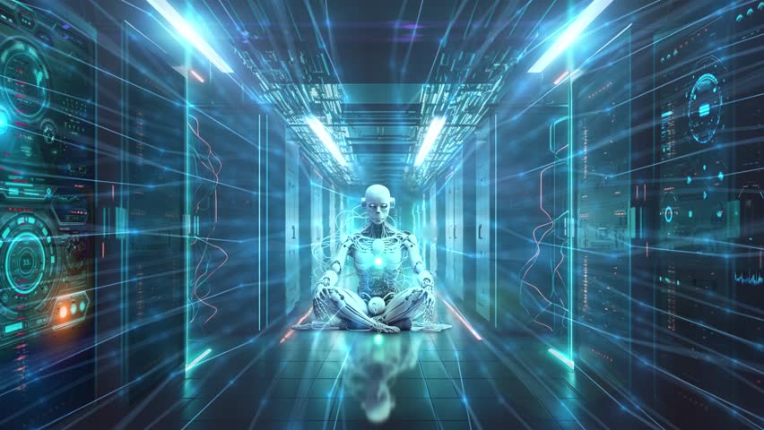 Featuring a long, modern server room hallway and a white android robot sitting at its center, this video brings the concept of AI to life Royalty-Free Stock Footage #1100005175