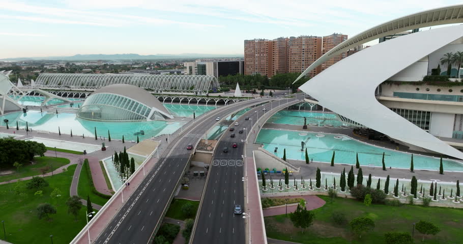 Aerial View Of Roads And Modern Architecture In The City Of Arts And Sciences In Valencia, Spain - drone shot