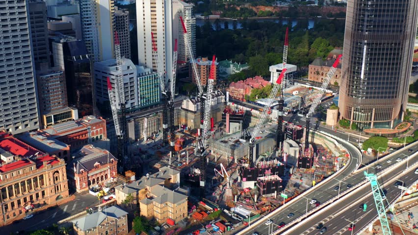 Aerial View Of the Tower Cranes At Construction Site Of Queen's Wharf in 2020, In Brisbane City, QLD, Australia. Royalty-Free Stock Footage #1100009377