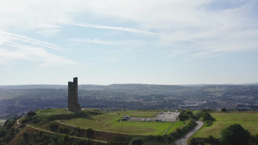 Drone shot of the Huddersfield with Castle Hill aka Victoria tower in the foreground
