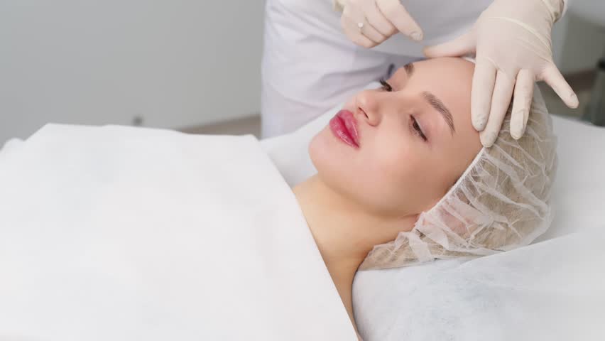 The patient during preparation for a cosmetic procedure. The cosmetologist makes facial markings, draws corrective lines before plastic surgery, injects fillers or botulinum toxin injections.
 Royalty-Free Stock Footage #1100010947