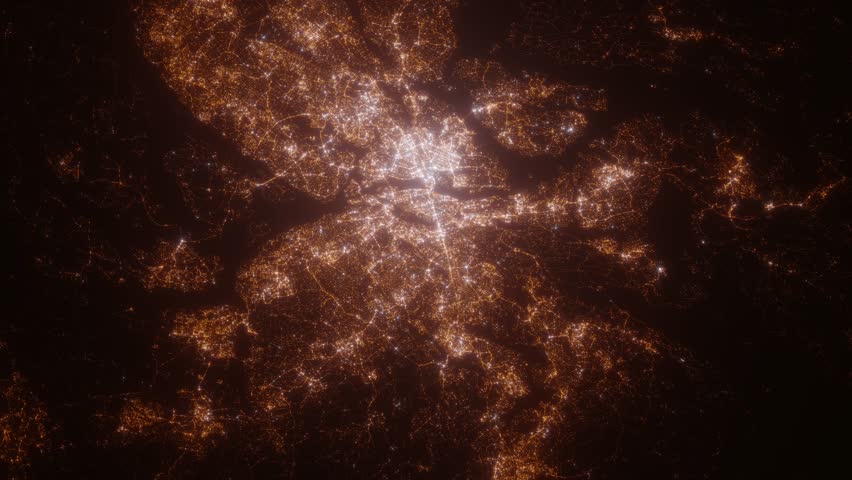 Stockholm (Sweden) aerial view at night. Satellite view on modern city with street lights. Camera is flying above the city, moving forward