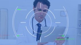Animation of scope with data processing over caucasian male doctor using tablet. Global medicine, computing and data processing concept digitally generated video.