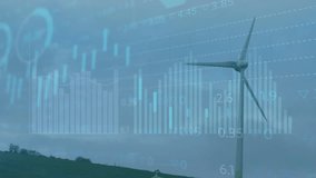 Animation of statistical data processing over spinning windmill against grey sky. Renewable energy and business data technology concept - Powered by Shutterstock - Get 15% off with code: PIKWIZARD15