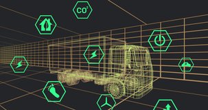 Animation of digital car interface and eco icons over 3d model of car. Global engineering, digital interface, business, computing and data processing concept digitally generated video.