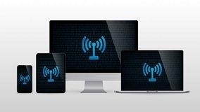 Computer devices with wireless connection. Realistic set monitors desktop laptop tablet and phone with Signal icon in screen and light gradient background. Animation video.
