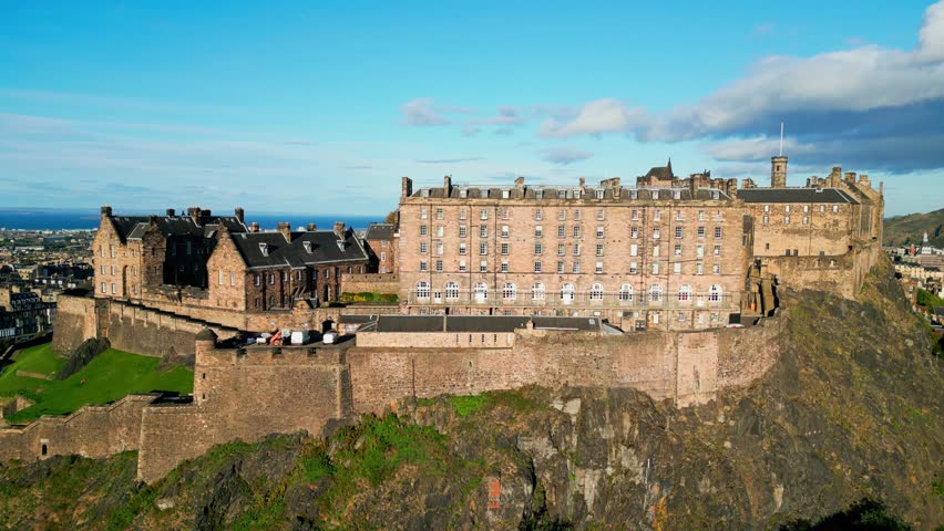 Famous Edinburgh Castle on Castle Hill - aerial view - EDINBURGH, UNITED KINGDOM - OCTOBER 3, 2022