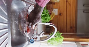 Vertical video of senior african american man spending time in log cabin washing tomatoes. Free time, domestic life and nature concept.