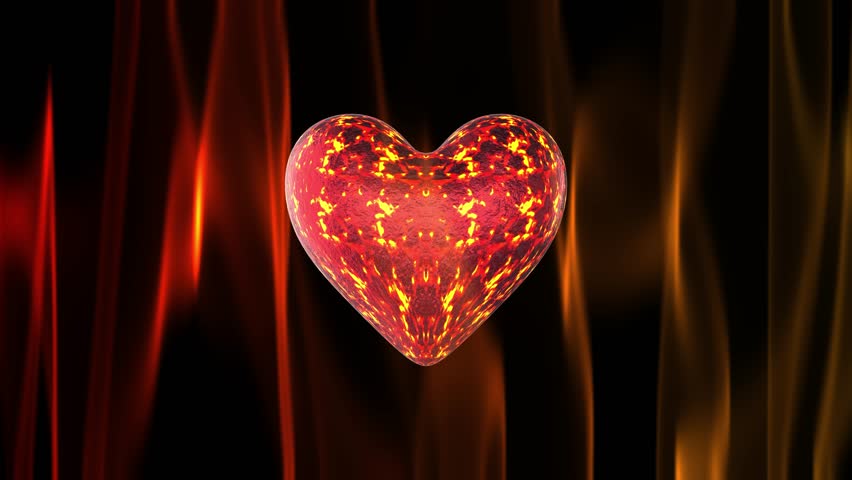 3D lava incandescent glowing heart rotating in loop on background with burning flames. Valentine