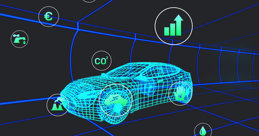 Animation of digital icons over 3d car model moving in seamless pattern against black background. Automobile engineering technology concept | Shutterstock HD Video #1100024993