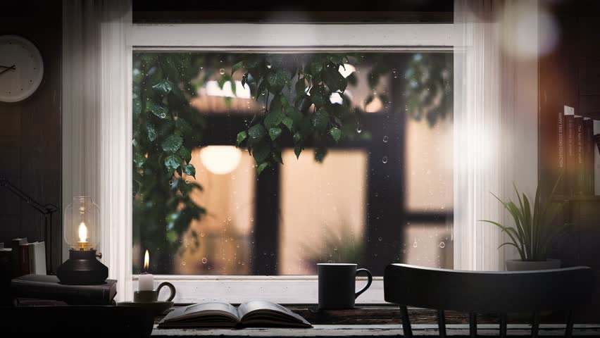 Rain falling on the window, flowing raindrops, candles, the comfortable sound of rain ASMR, books, cozy cafes and study rooms
 Royalty-Free Stock Footage #1100028801