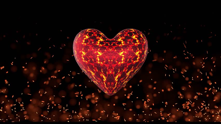 3D burning glowing heart rotating in loop with incandescent sparkles flying on black background. Valentine
