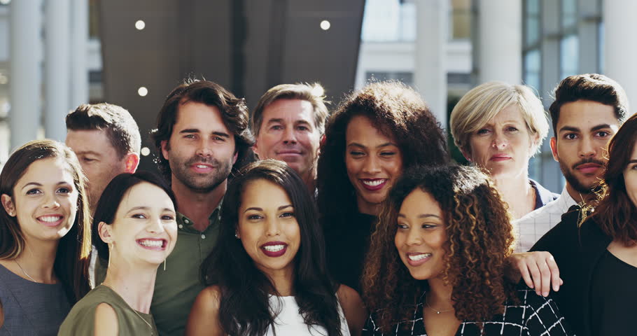 Happy group of people and friends hug in office in support and success of business teamwork. Team, diversity and united colleagues in solidarity, embrace in happiness in fun and modern workplace | Shutterstock HD Video #1100029703