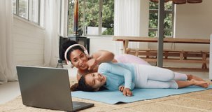 Video call, laptop and mother with girl after exercise, yoga and fitness training together in family home. Communication, love and mom and child wave on video conference on yoga mat after workout