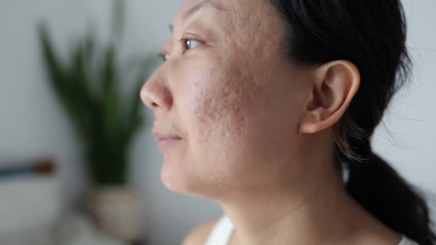 Close up of sad Asian woman touching acne on her face. Royalty-Free Stock Footage #1100031015